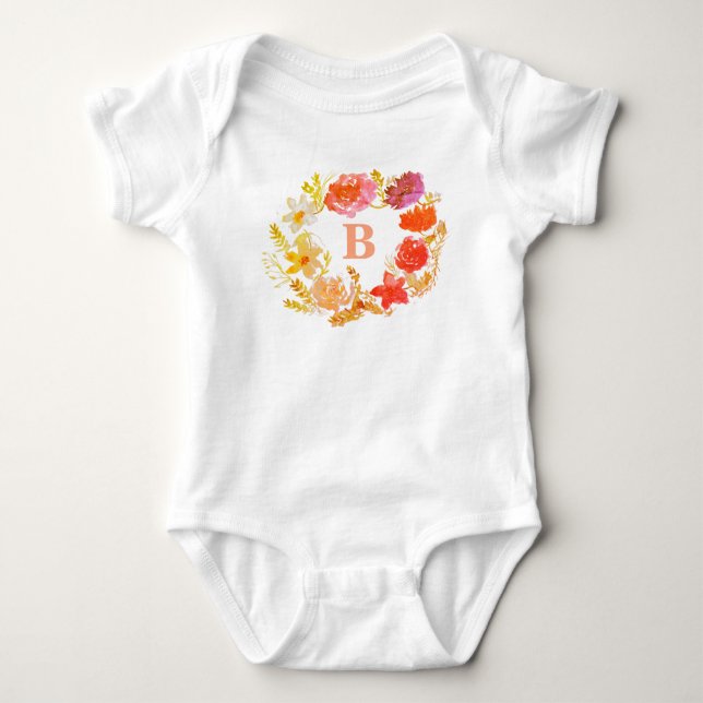Body Para Bebê Orange Floral Wreath Baby Girl Monograma Inicial (Frente)
