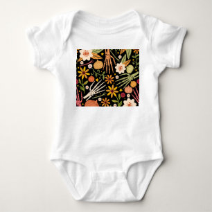 Body Para Bebê Ossos de Halloween, padrão floral uniforme.