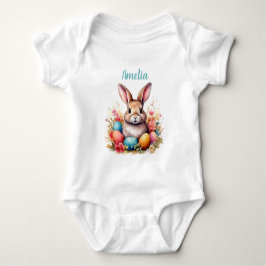 Body Para Bebê Ovos de Coelhinho Fofo Flores Feliz Páscoa Nome