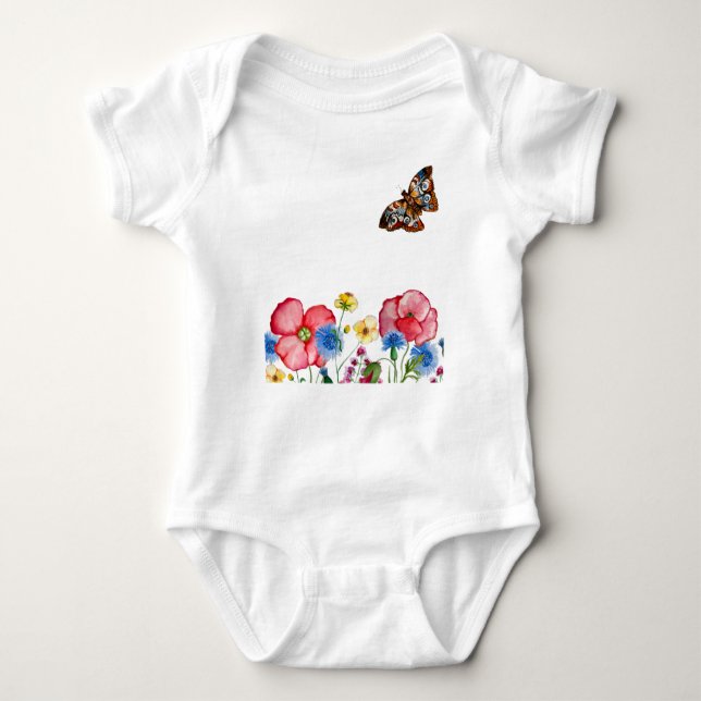 Body Para Bebê Padrão de aquarela com flores silvestres desenhada (Frente)