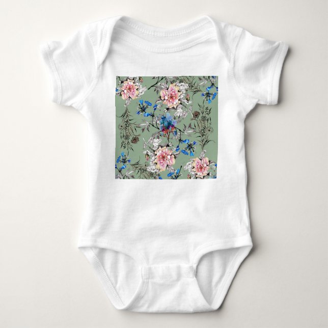 Body Para Bebê Padrão de Aquarela Floral de Fundo Verde. (Frente)