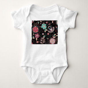 Body Para Bebê Padrão Escuro do Bordado Floral Vintage