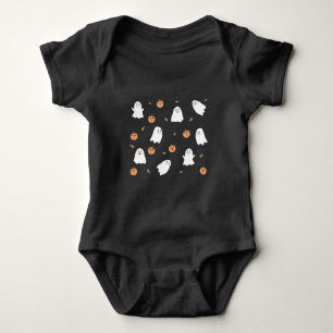Body Para Bebê Padrão Preto de Halloween de Fantasma Fofo e Abóbo