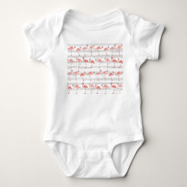 Body Para Bebê Padrão Tropical Flamingo Blue Stripes (Frente)