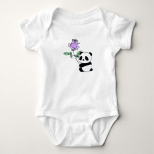 Body Para Bebê Panda Fofa Segurando Rosa Roxa em Arte de Linha