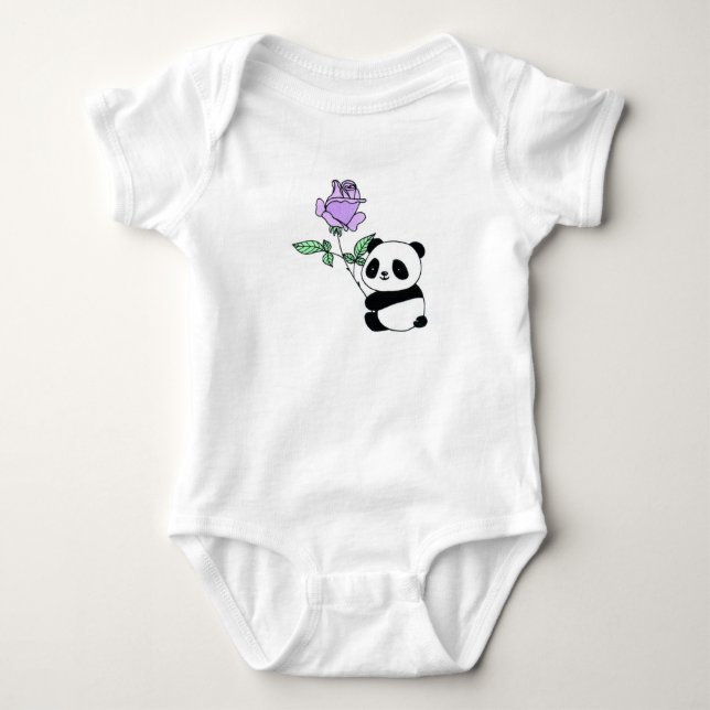 Body Para Bebê Panda Fofa Segurando Rosa Roxa em Arte de Linha (Frente)