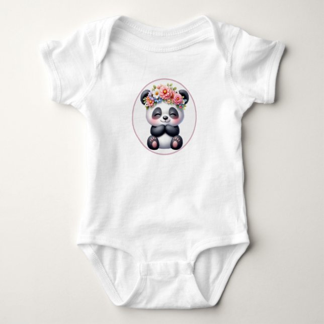 Body para Bebê Panda Fofo com Coroa Floral (Frente)