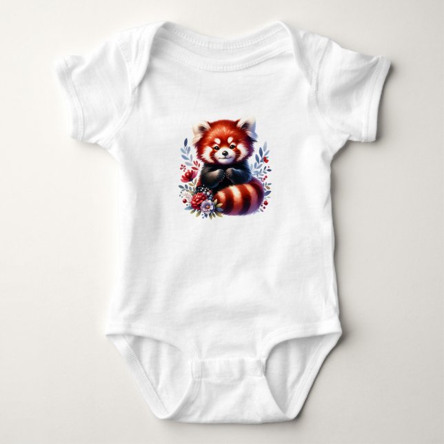 Body Para Bebê Panda Vermelho Fofo com Flores | Animal Florestal  (Frente)