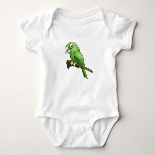 Body Para Bebê Papagaio ( A cartoon illustration of a green parrot perched on a brown branch. )