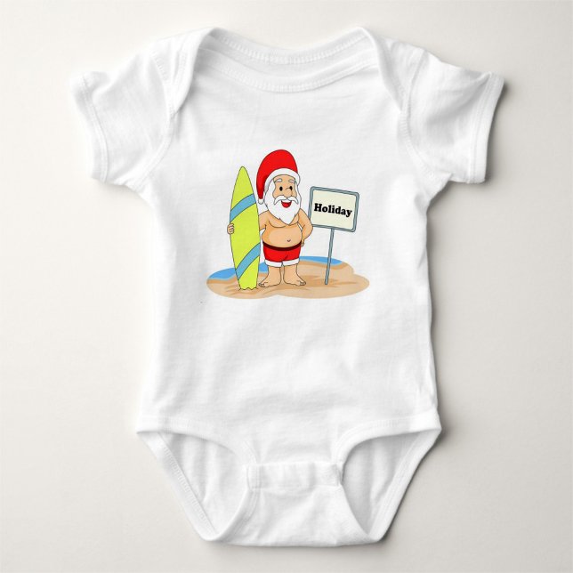 Body Para Bebê Papais noeis de surfe (Illustration of a cartoon Santa Claus on a beach, wearing a red Santa hat!)