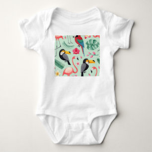 Body Para Bebê Pássaros tropicais, flores, padrão de aquarela.