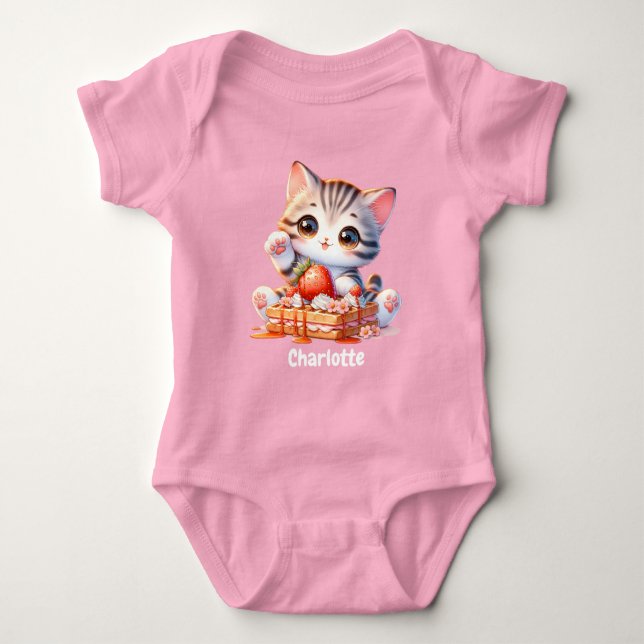 Body Para Bebê Pastel Pink Cute Kitten Cat with Dessert Waffles (Frente)