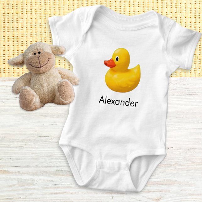 Body Para Bebê Pato de Borracha Amarelo-Bonito (A cute baby bodysuit with yellow rubber duck picture, personalized with baby's name)