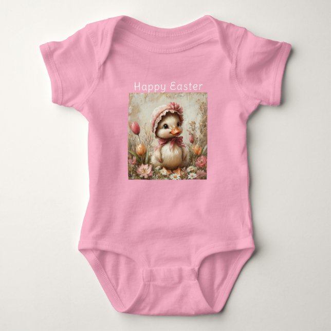 Body Para Bebê Pato Feliz Páscoa Tulipas Boné Rosa Margaridas (Frente)