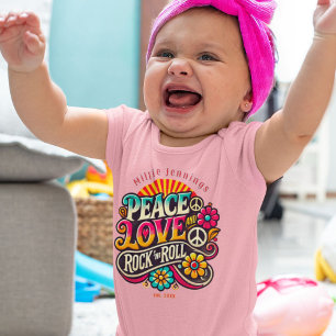 Body Para Bebê Peace Love RocknRoll Retro 70s Vintage Psychedelic
