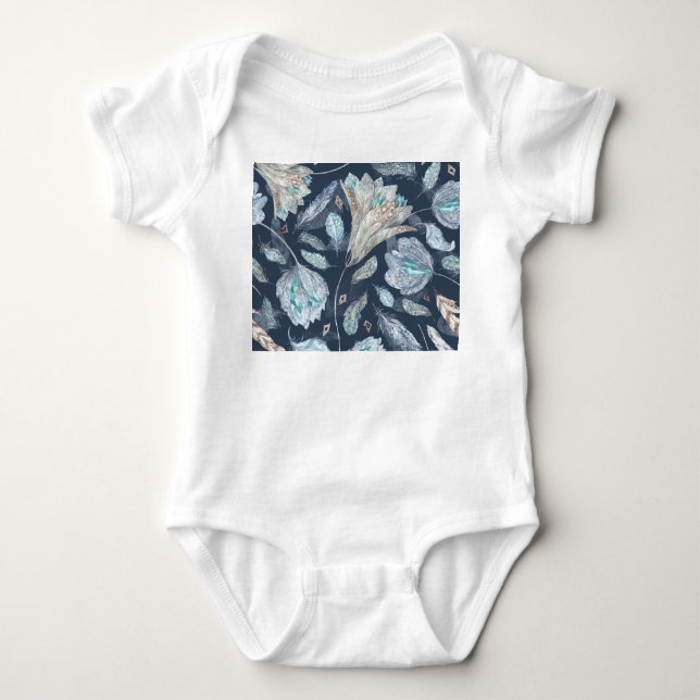 Body Para Bebê Penas Chic Boho Flores: Azul Escuro-Aquarela P (Frente)