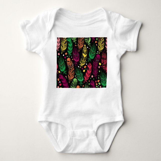 Body Para Bebê Penas étnicas sem aparência, padrão vibrante. (Frente)
