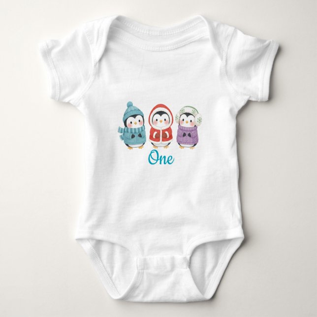Body Para Bebê Penguin Winter One derland Birthday (Frente)