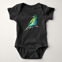 Pequena roupa de bebê de papagaio verde