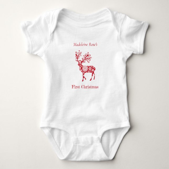 Body Para Bebê Personalize a primeira rena de Natal Vermelho (Frente)