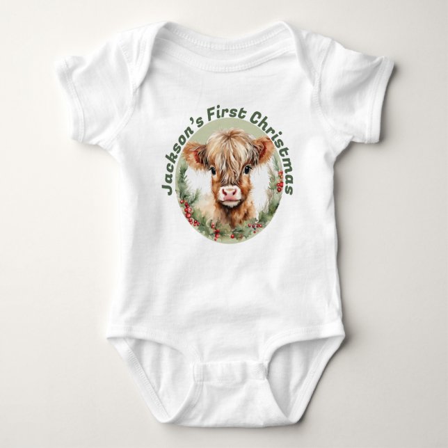 Body Para Bebê Personalized “Baby’s First Christmas” Highland Cow (Frente)