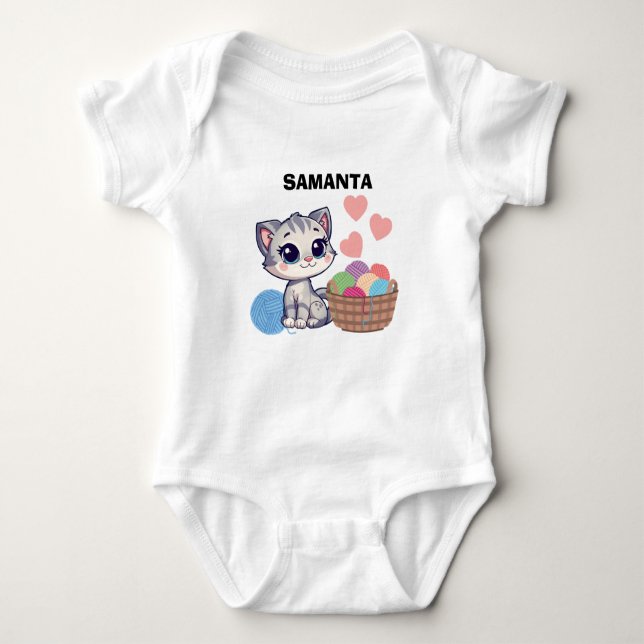 Body Para Bebê  Personalized Kitten & Yarn Baby Bodysuit (Frente)