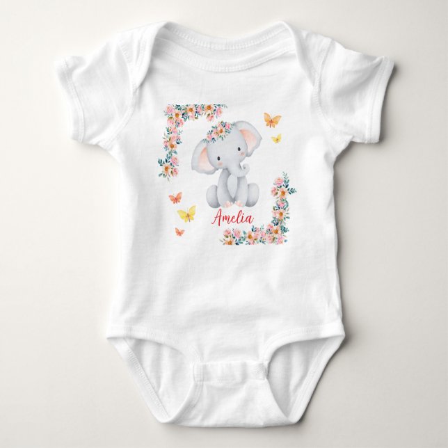 Body Para Bebê Personlized Name Baby Bodysuit Floral Elephant (Frente)