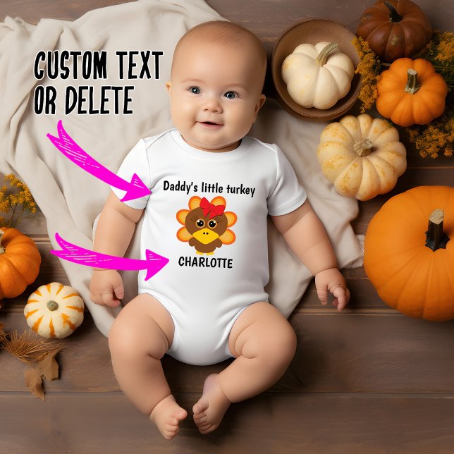 Body Para Bebê 🦃 peru pequeno com qualquer nome (Adorable little turkey whit red bow, baby bodysuit,  customizable text)