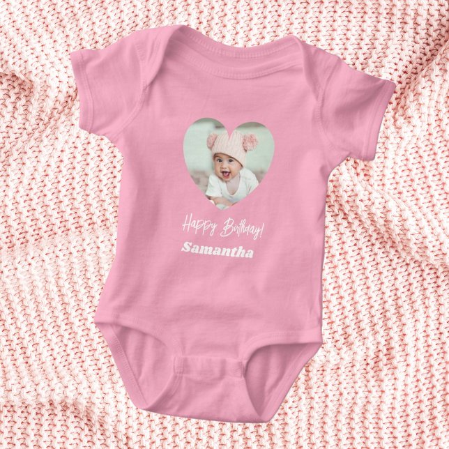 Body Para Bebê Photo heart name birthday baby girl pink (Criador carregado)
