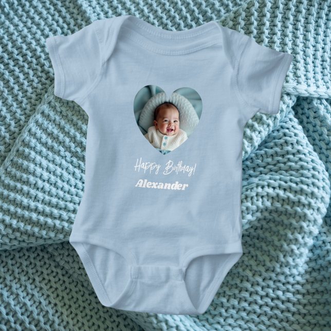 Body Para Bebê Photo heart name birthday blue boy (Criador carregado)