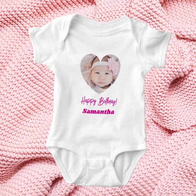 Body Para Bebê Photo heart name birthday girl pink (Criador carregado)