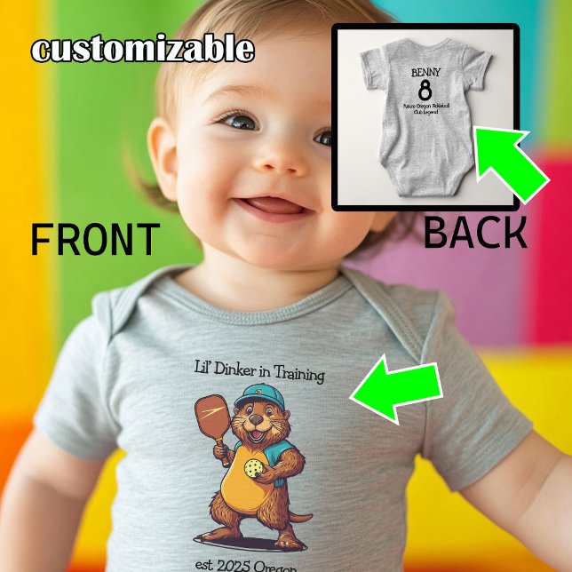 Body Para Bebê Picleball de castor engraçado (Cute pickleball bodysuit with beacer playing pickleball, custom text back and front)