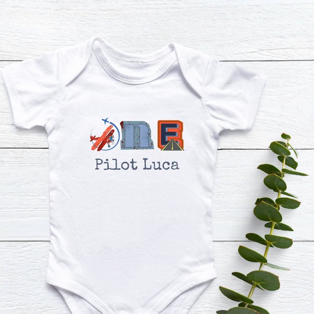 Body Para Bebê Piloto Personalizado Primeiro Aniversário (Personalized Pilot "Aeroplan" First Birthday Baby Bodysuit)