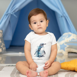 Body Para Bebê Pinguim Aquarela Ártico Azure, personalizado