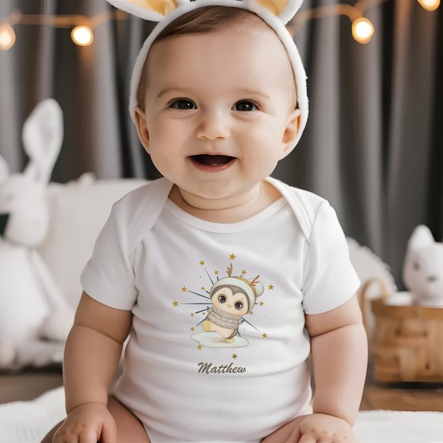Body Para Bebê Pinguim Boho De Inverno Com Estrelas E Nome (Criador carregado)