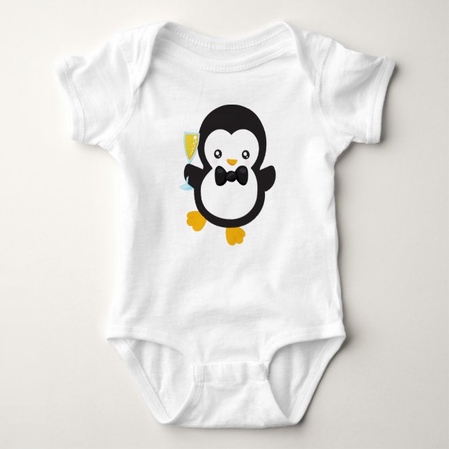 Body Para Bebê Pinguim Bonito, Pinguim Com Champanhe, Partido (Frente)