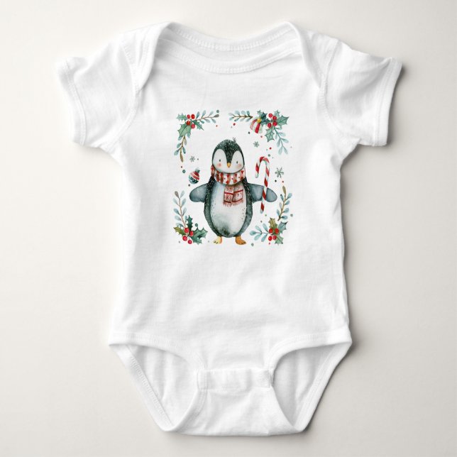 Body Para Bebê Pinguim de Aquarela com Feriado de Canas de Candy (Frente)