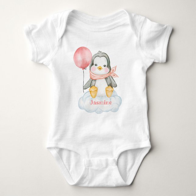 Body Para Bebê Pinguim De Cartoon De Bebê Rosa E Nuvem Personaliz (Frente)