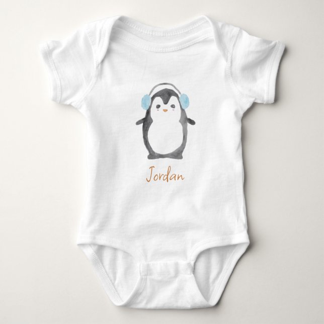 Body Para Bebê Pinguim de cor aquosa fofinha personalizada (Frente)