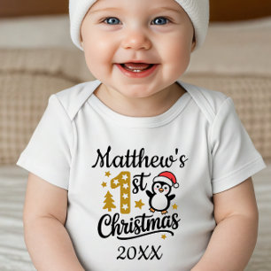 Body Para Bebê Pinguim de Natal do Primeiro Ano do Bebê Nome Pers