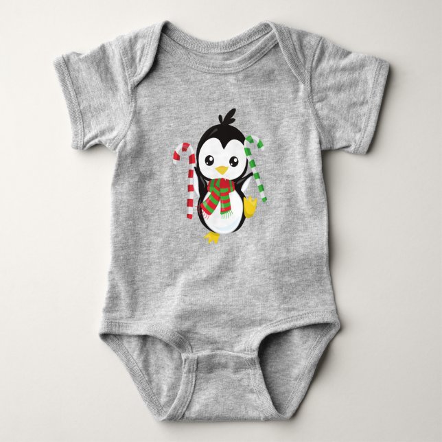 Body Para Bebê Pinguim De Natal, Pinguim Com Scarf, Canela Doces (Frente)
