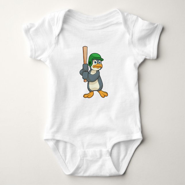 Body Para Bebê Pinguim no Baseball com bastão de baseball e capac (Frente)