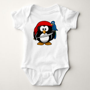 Body Para Bebê Pinguim Pirata com uma Bandana Vermelha e um papag
