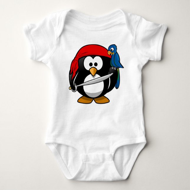 Body Para Bebê Pinguim Pirata com uma Bandana Vermelha e um papag (Frente)