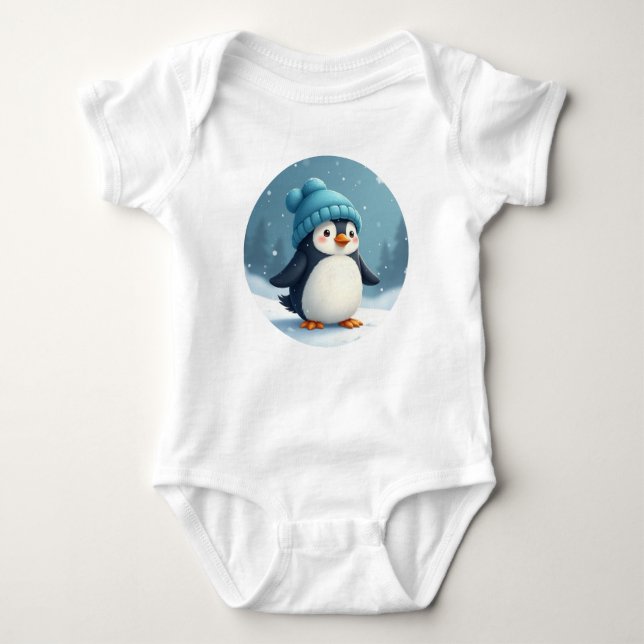 Body Para Bebê pinguim vestindo um chapéu azul (Frente)
