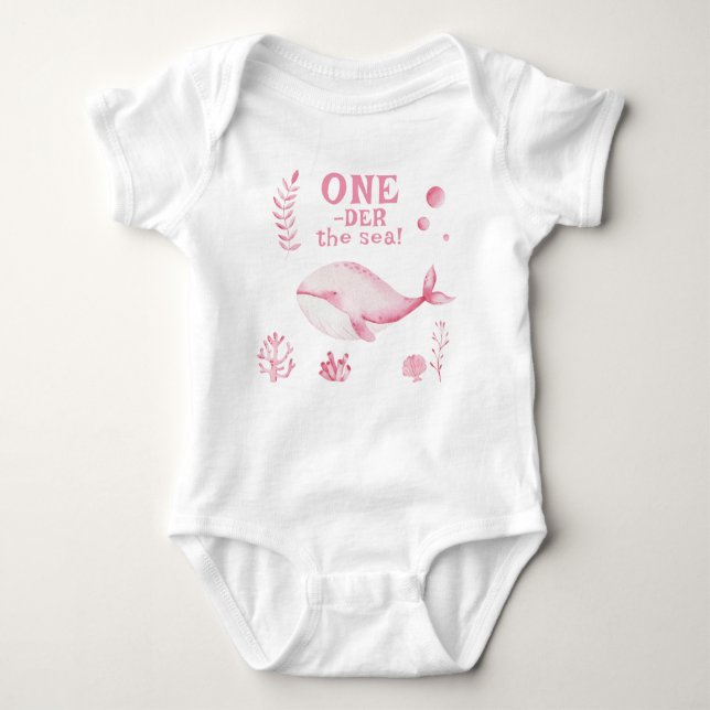 Body Para Bebê Pink Whale Oneder The Sea 1st Birthday  (Frente)