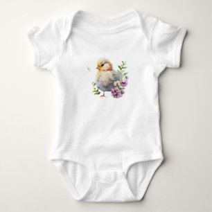 Body Para Bebê Pintinho de Aquarela com Flores Roxas