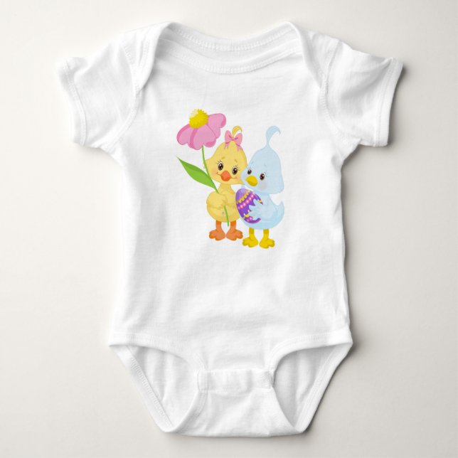 BODY PARA BEBÊ PINTINHOS AMARELOS E AZUIS COM OVOS (Frente)