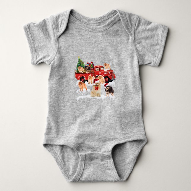 Body Para Bebê Pomerânia Andando Caminhão Vermelho Xmas Feliz Nat (Frente)