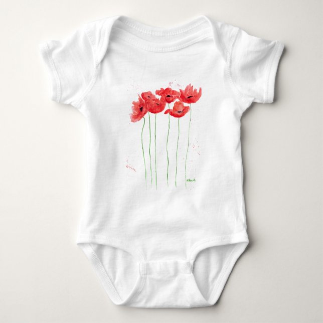 Body Para Bebê Pópias vermelhas cor d'água floral verão (Frente)